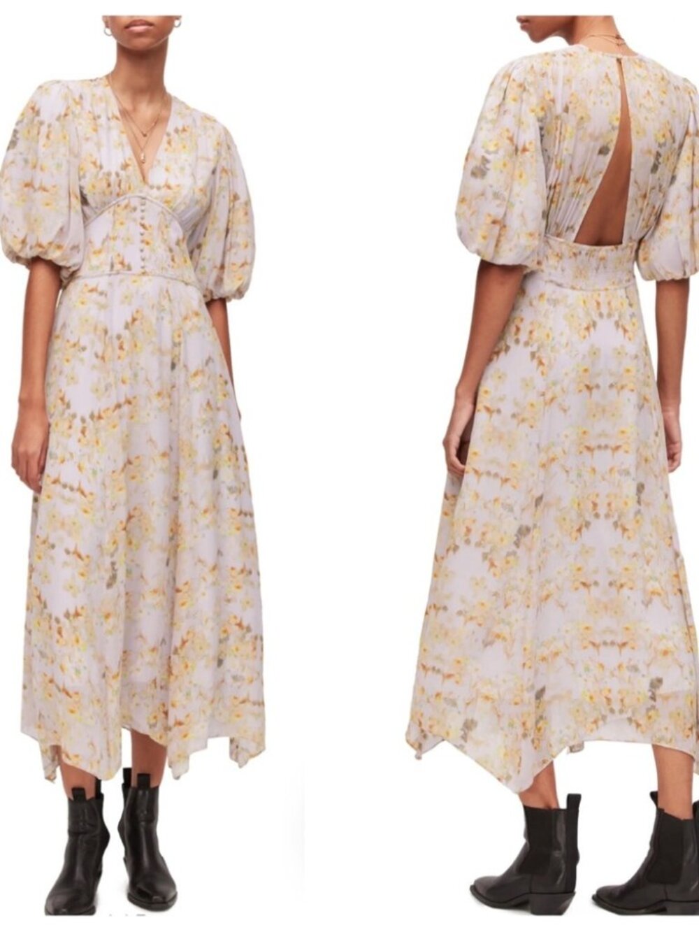 ALLSAINTS Aspen Momo Maxi Dress Flowy Peach Blossom Purple Chiffon Puff Sleeve